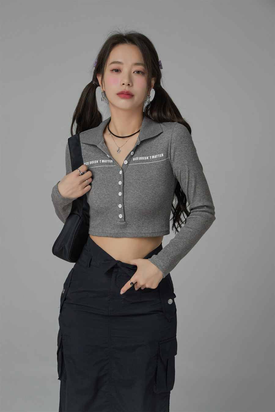 CHUU Size Doesnt Matter Collar Button Cropped T-Shirt