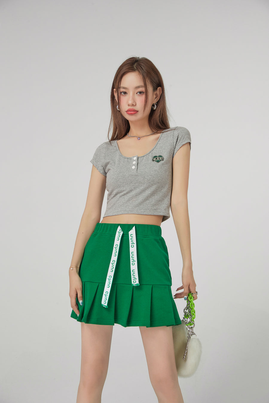 CHUU Stripe Front Button Crop Top