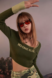 Round Neck Lettering Long Sleeve Crop Knit Top