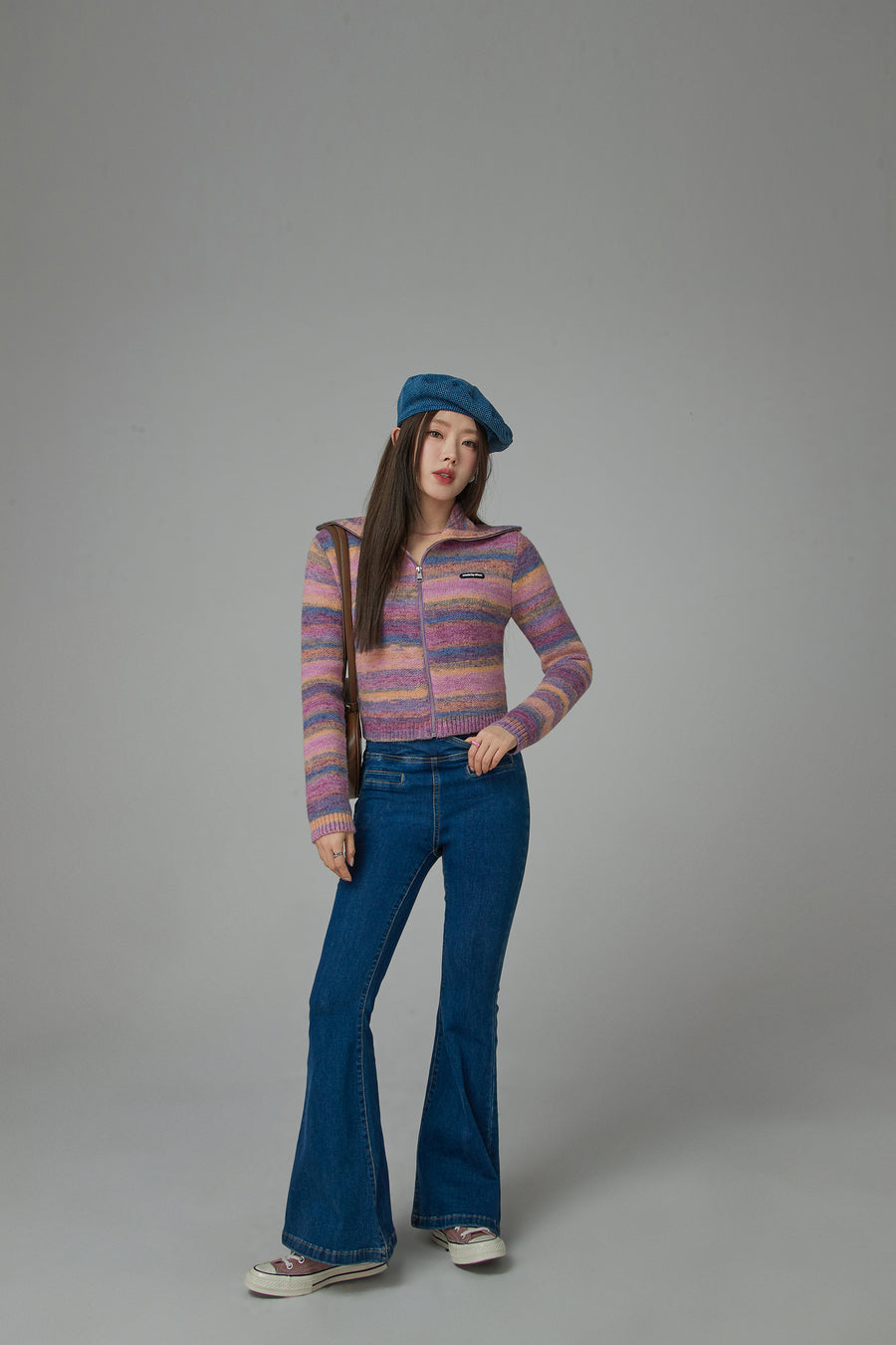 CHUU Rainbow Striped Zip-Up Knit Cardigan