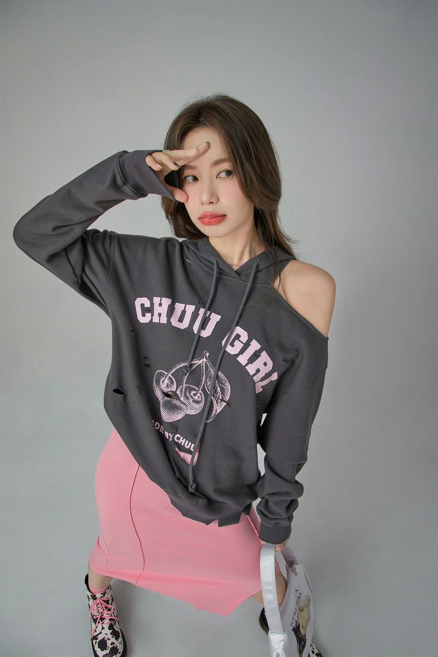 CHUU Chuu Girl Unbalanced Cutout Shoulder Hoodie