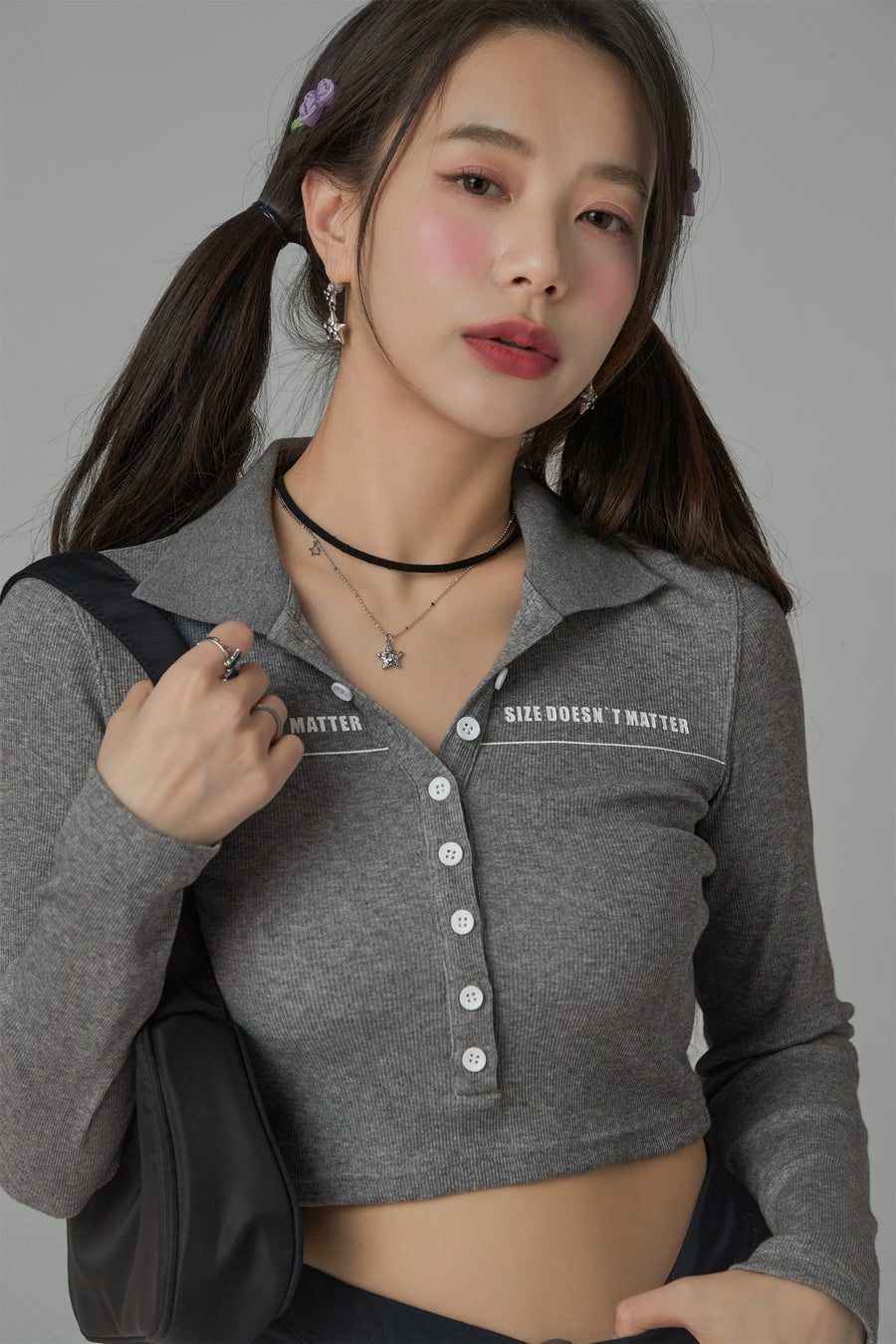 CHUU Size Doesnt Matter Collar Button Cropped T-Shirt