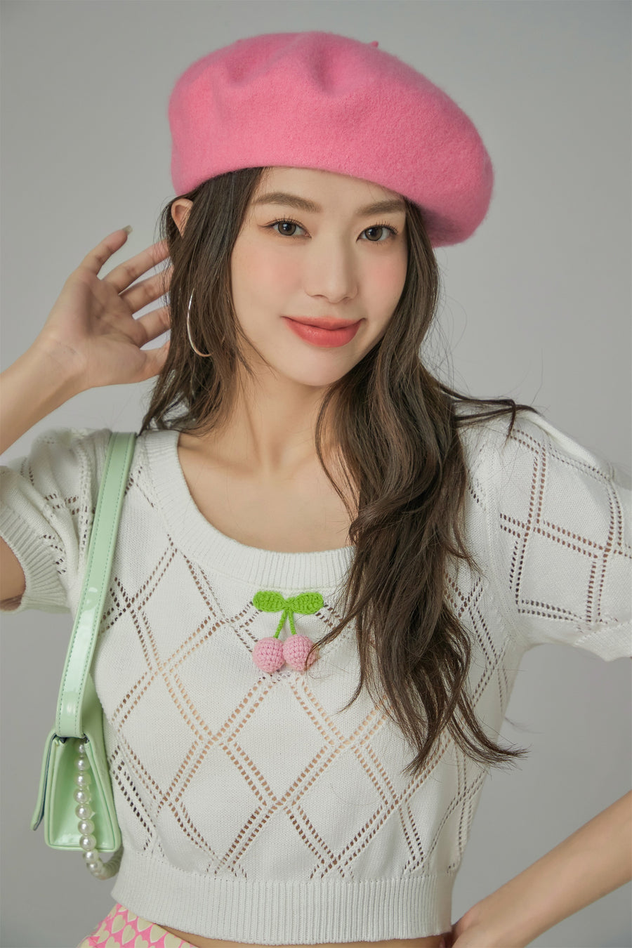 CHUU Cherry Knit Crochet Crop Sweater