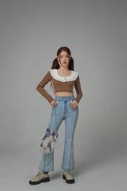 Eyelet Lace Collar Long-Sleeved Crop Top