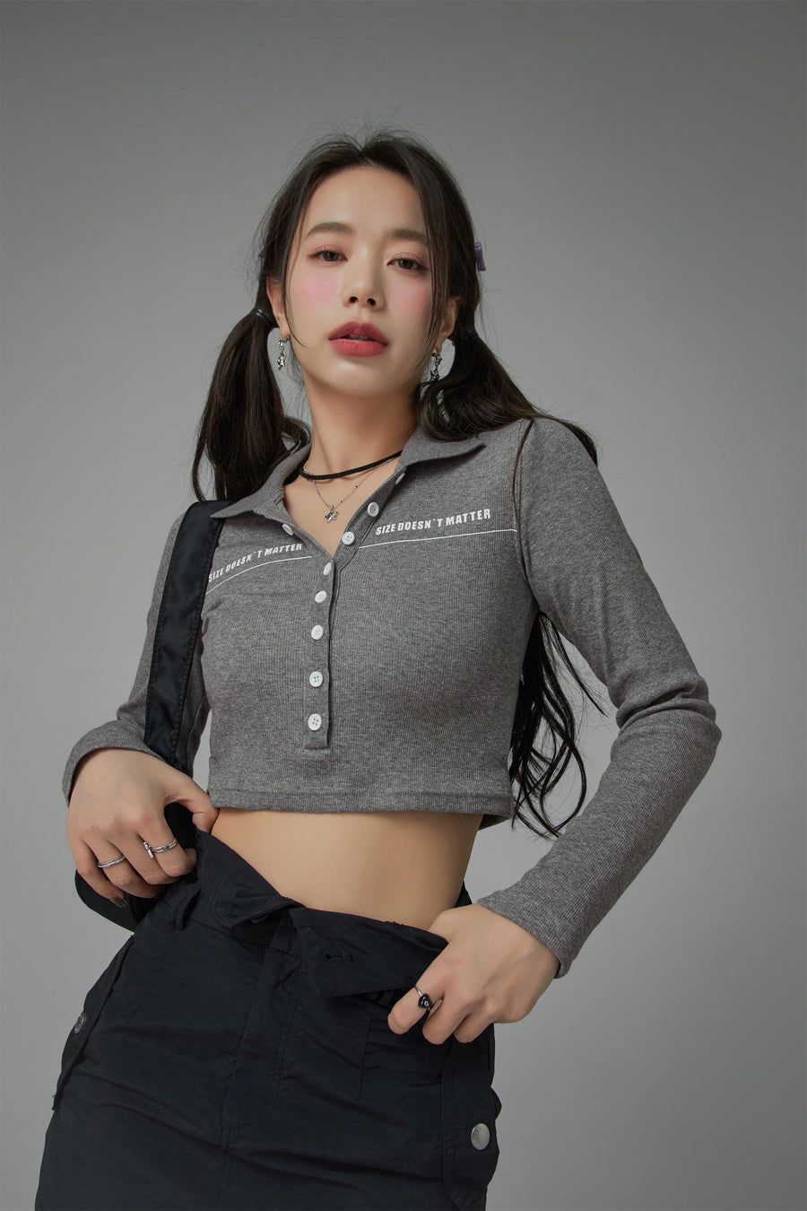 CHUU Size Doesnt Matter Collar Button Cropped T-Shirt