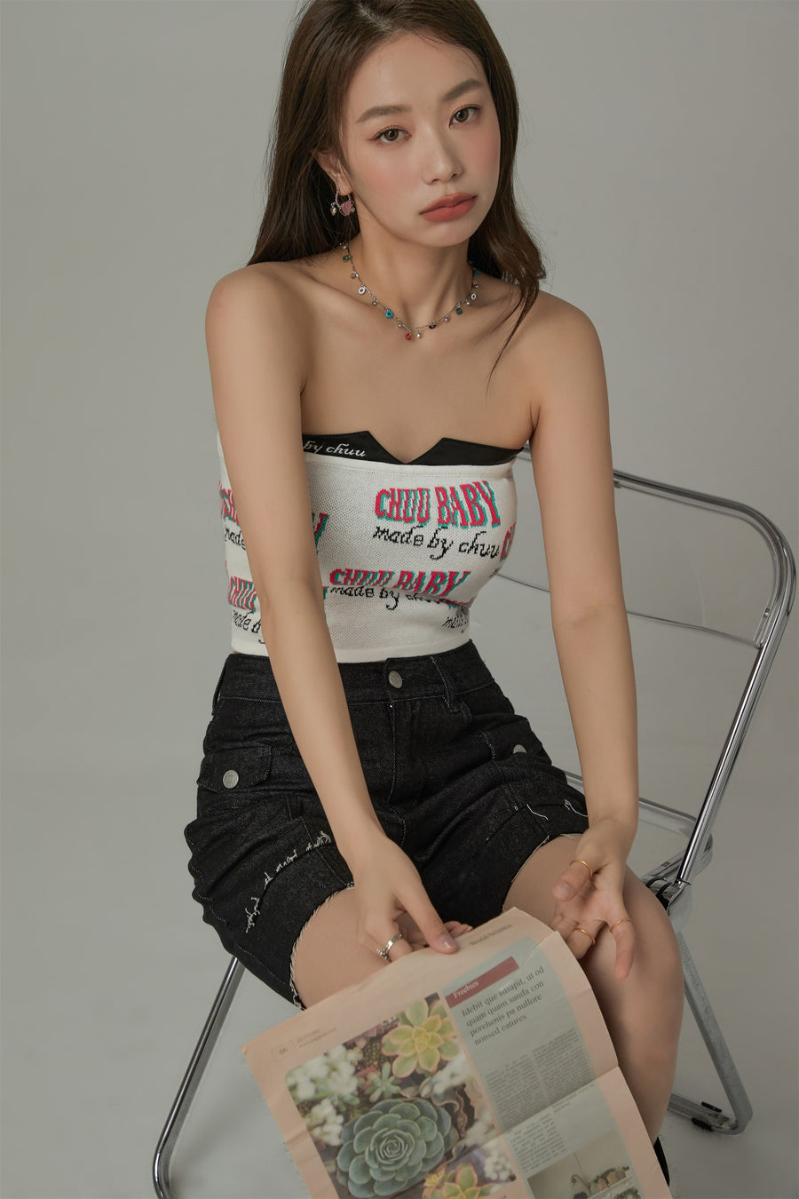 CHUU Chuu Baby Faux Leather Knit Tube Top