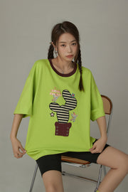 Lined Catcus Color Loose Fit T-Shirt