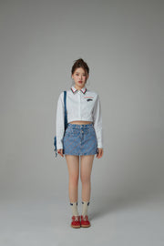 Embroidered Stripe Collar Crop Shirt