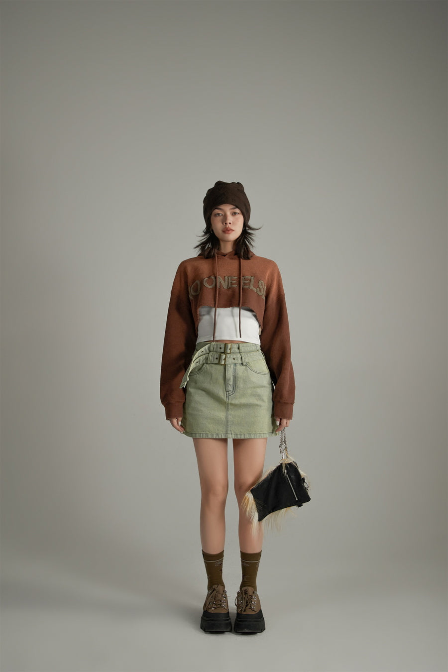 CHUU Double Belted Mini Denim Skirt