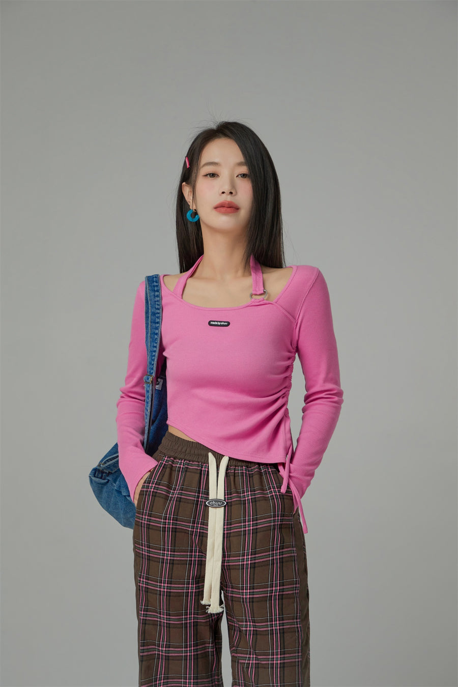 CHUU Unbalanced String Cropped T-Shirt