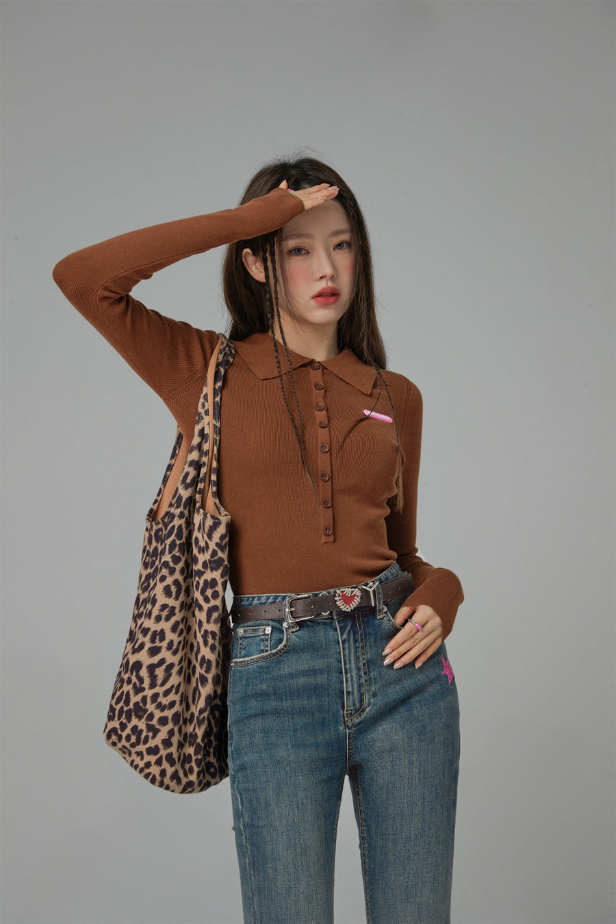 CHUU Buttoned Collar Slimfit Long-Sleeves Knit Top