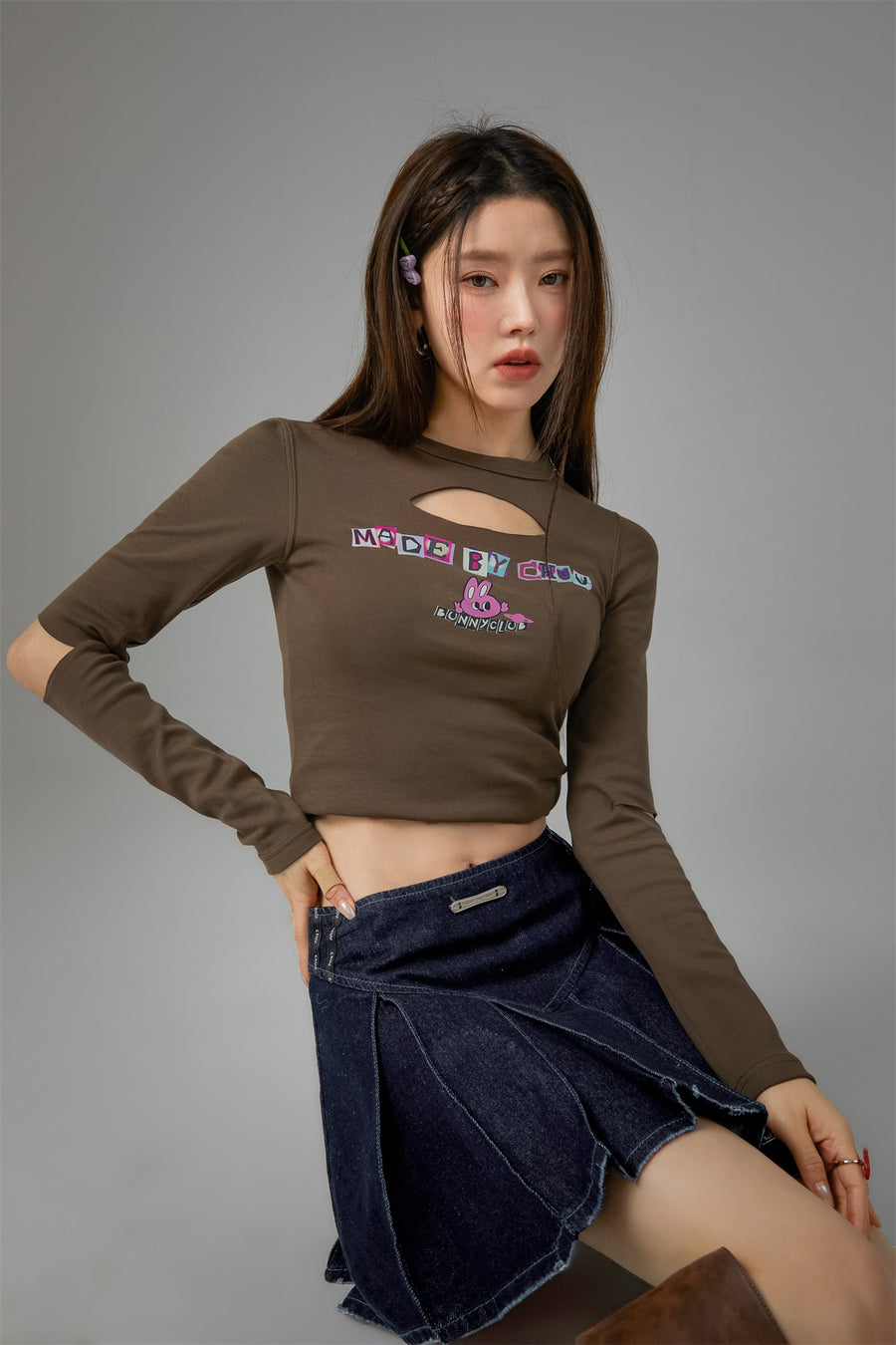 CHUU Bunny Club Elbow Chest Cutout Long-Sleeves Top