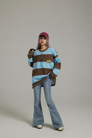 Round Neck Large Stripes Long-Sleeves Top