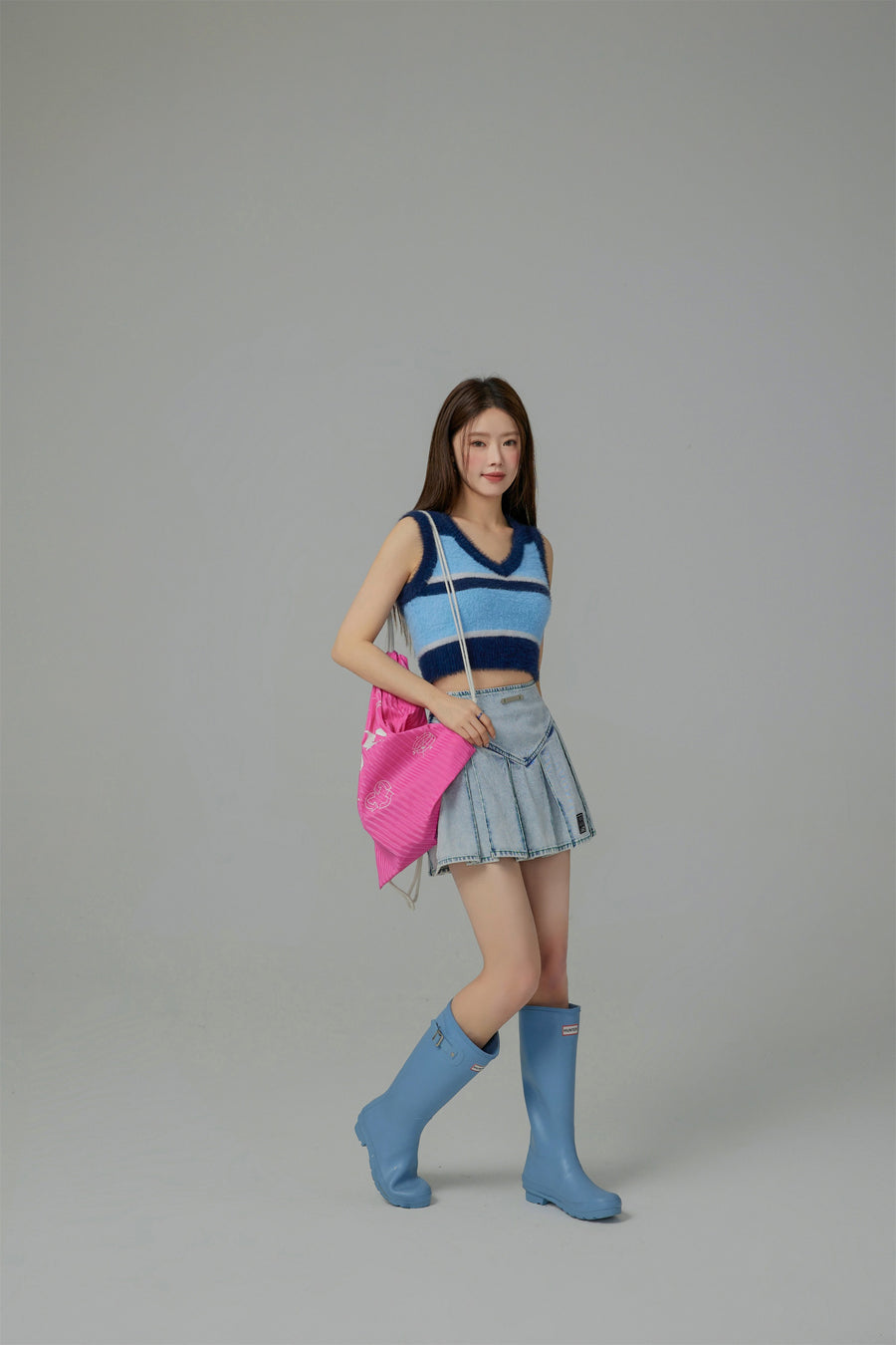 CHUU Paradise Island Washed Denim Pleated Skirt