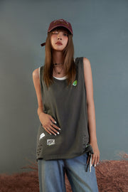 Fragile Tag Ripped Sleeveless Top