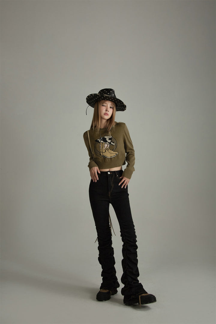 Cowboy Boot Long Sleeve Cropped Knit Top