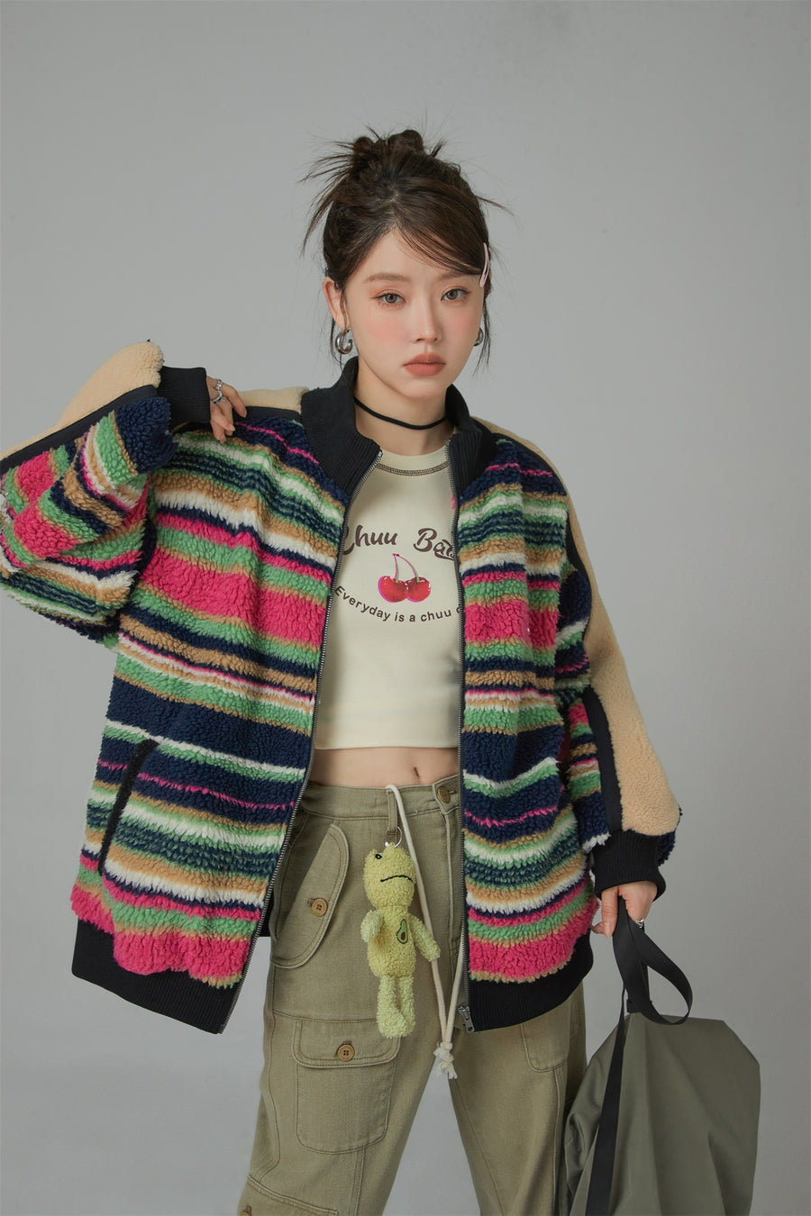 CHUU I See The Light Striped Fleece Overfit Jacket