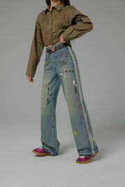 Paint Streaks Straight Wide Denim Pants