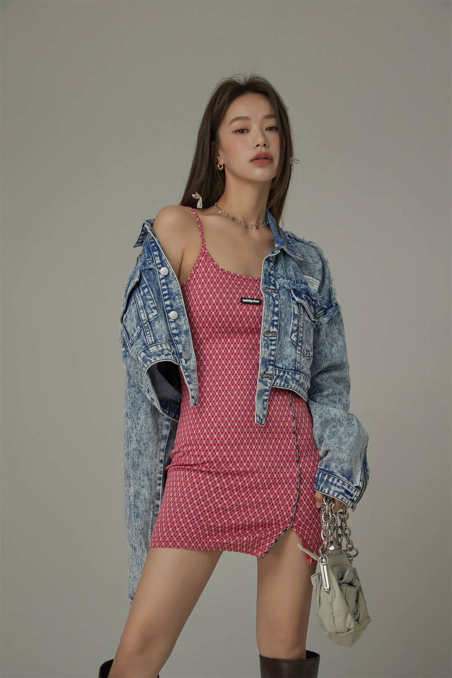 CHUU Fringe Trim Denim Cropped Jacket