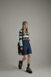 Open Collar Stripe Color Knit Sweater