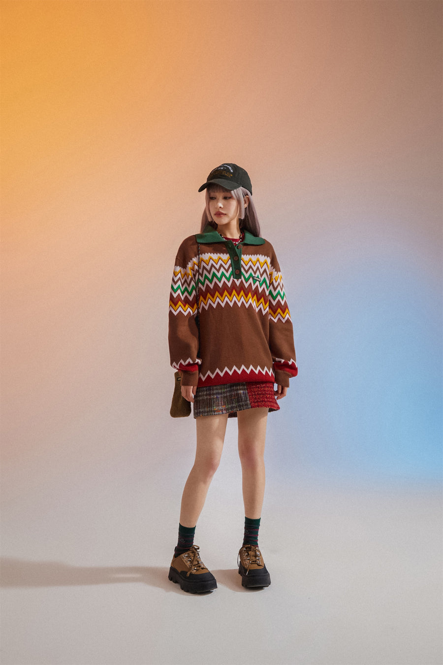 CHUU Polo Neck Wave Knit Sweater