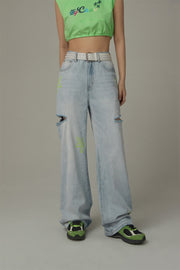 Color Flower Distressed Light Wash Straight Denim Jeans