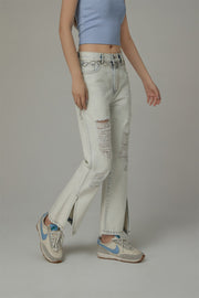 Distressed Slit Bootcut Denim Jeans