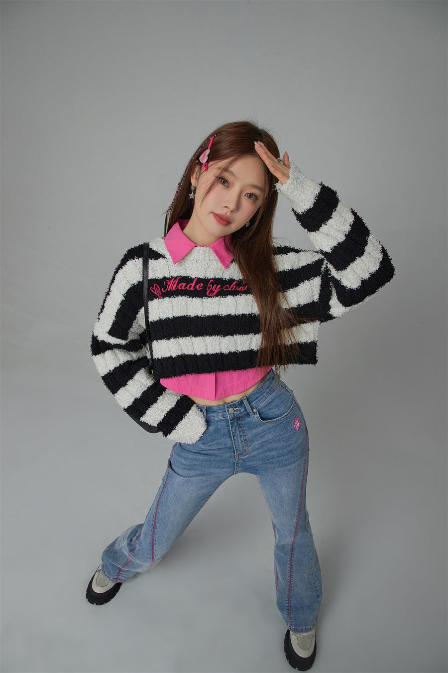 CHUU Pretty Bold Striped Cropped Knit Sweater