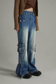 Zipper Cargo Wide Straight Jeans