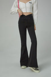 Cross Front High-Waist Flared Jeans