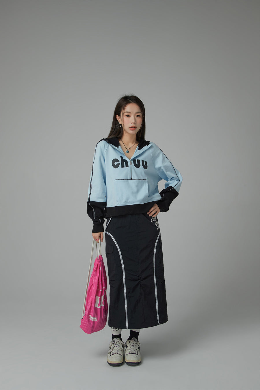 CHUU Chuu Lettering Half Zip-Up Hoodie