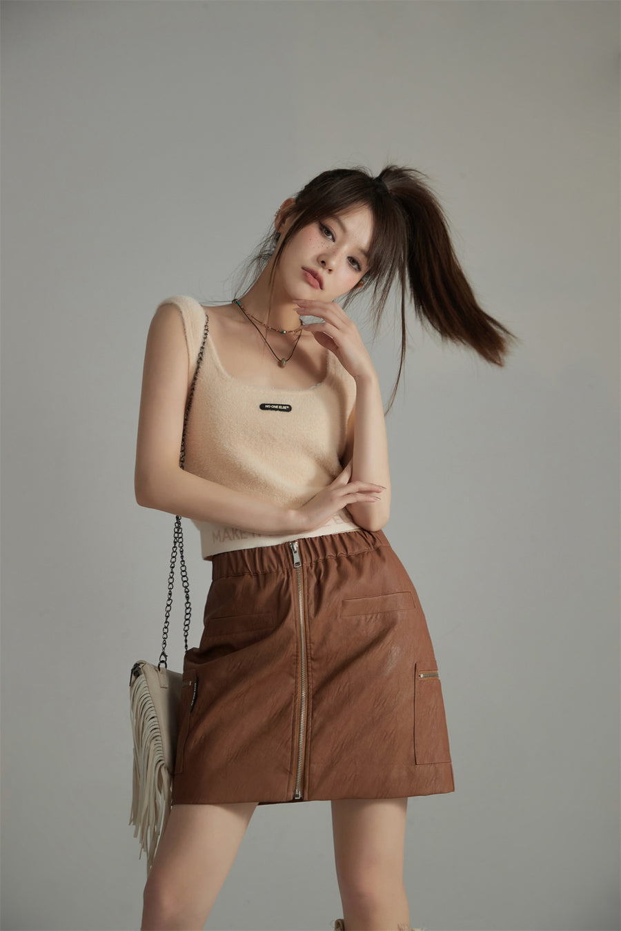 CHUU Zip-Up Leather A-Line Skirt