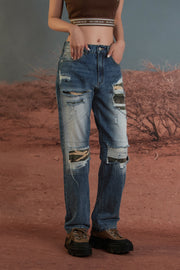 Distressed Washed Camouflage Straight Jeans