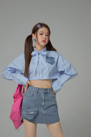 Heart Denim Pocket Stripe Crop Shirt