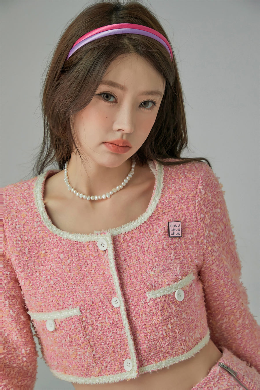 CHUU Pink Tweed Crop Jacket