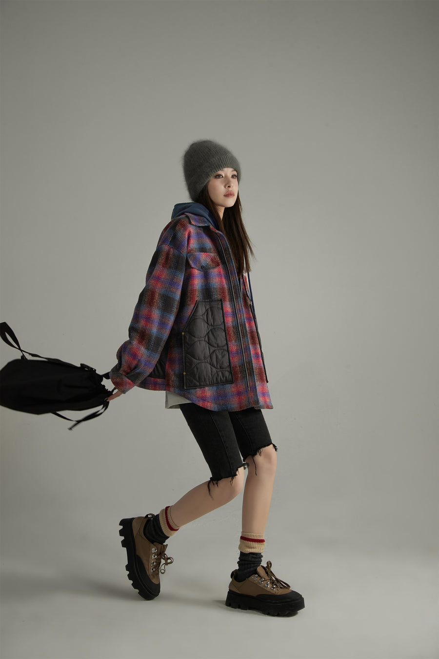 CHUU Color Block Check Loose Fit Coat