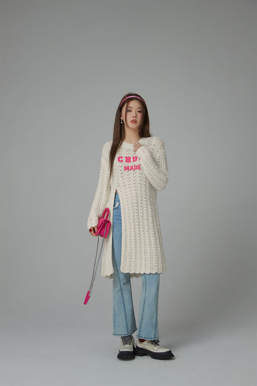 CHUU Crochet Side Slit Knit Long Sweater Dress