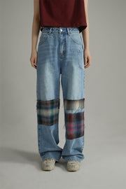 Tartan Patchwork Wide Straight Jeans