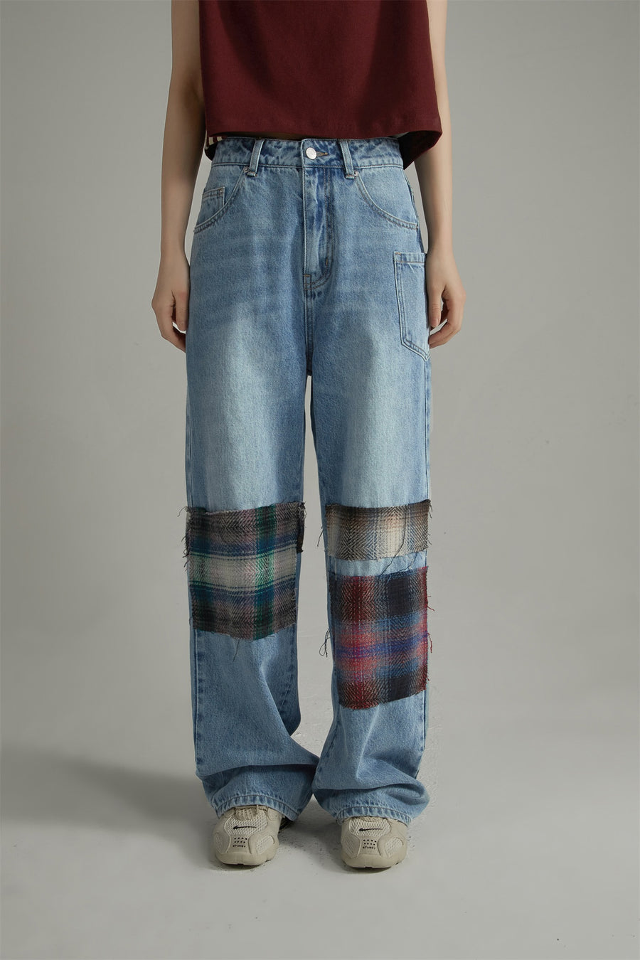 CHUU Tartan Patchwork Wide Straight Jeans