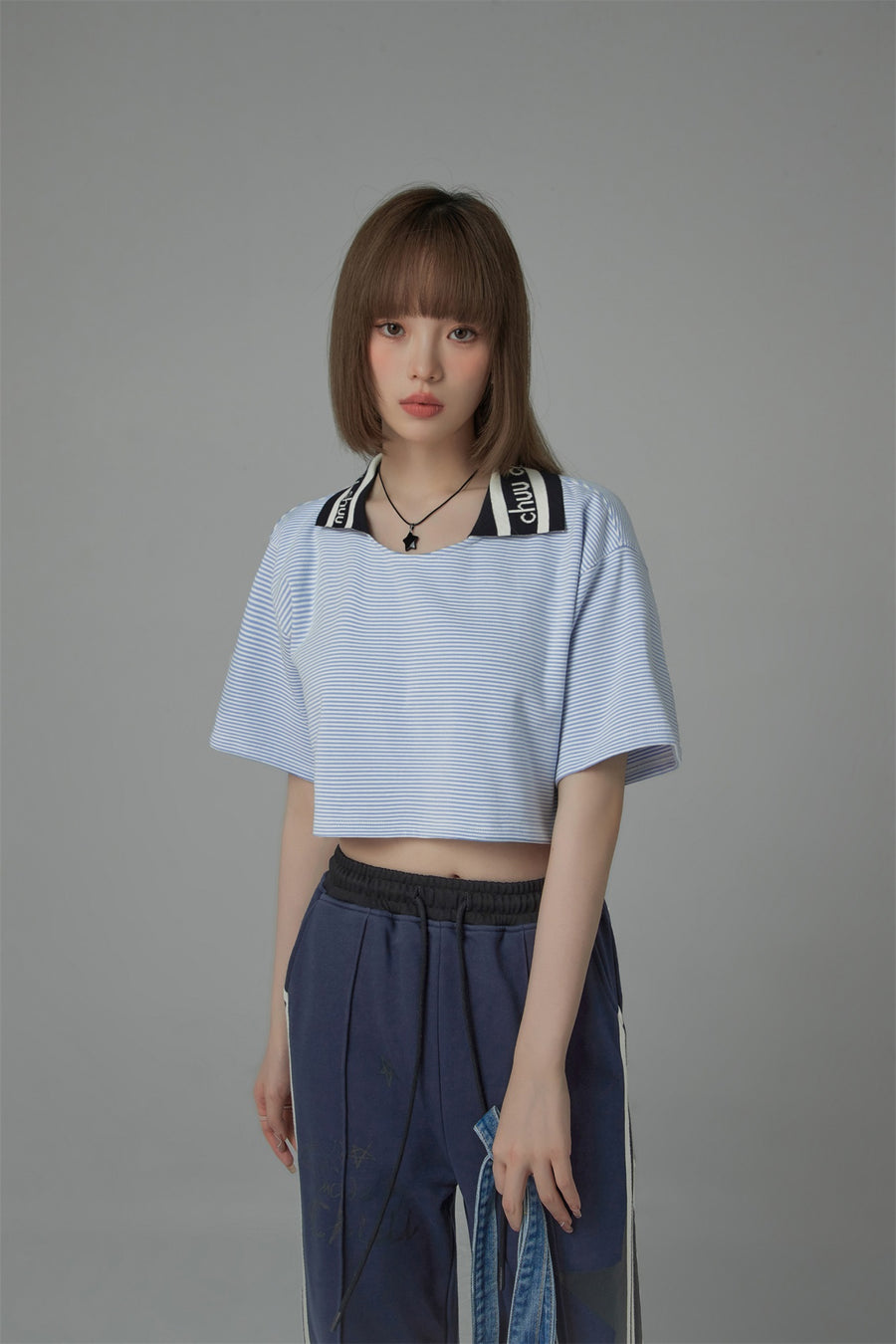 CHUU Chuu Lapel Striped Cropped T-Shirt