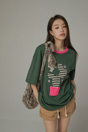 Lined Catcus Color Loose Fit T-Shirt