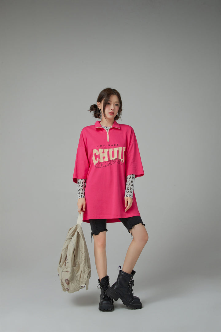 Girl Crew Half Zip-Up Loose Fit T-Shirt