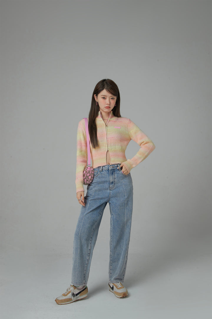 High-Neck Pastel Cropped Zip-Up Cardigan