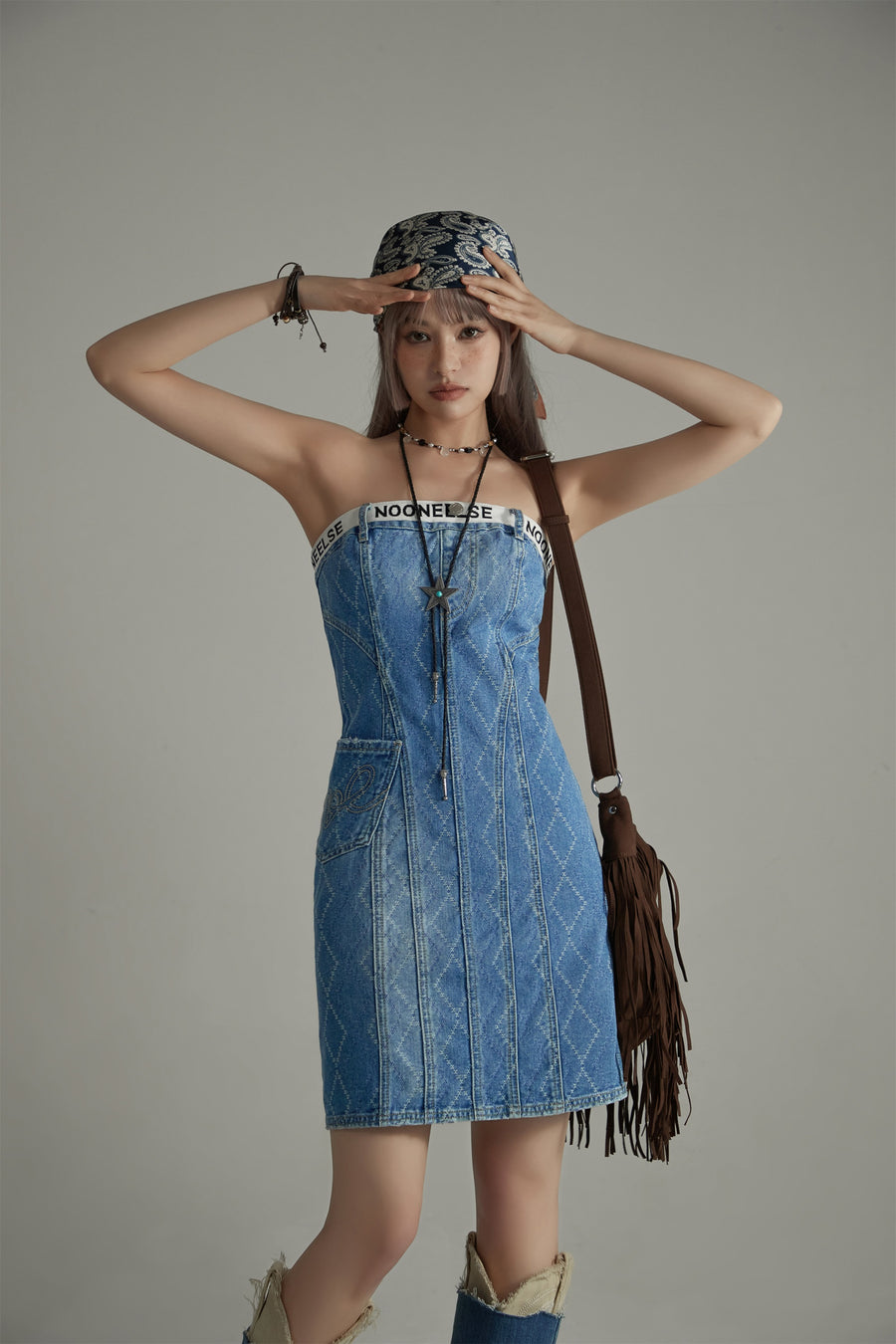 CHUU Argyle Denim Strapless Dress