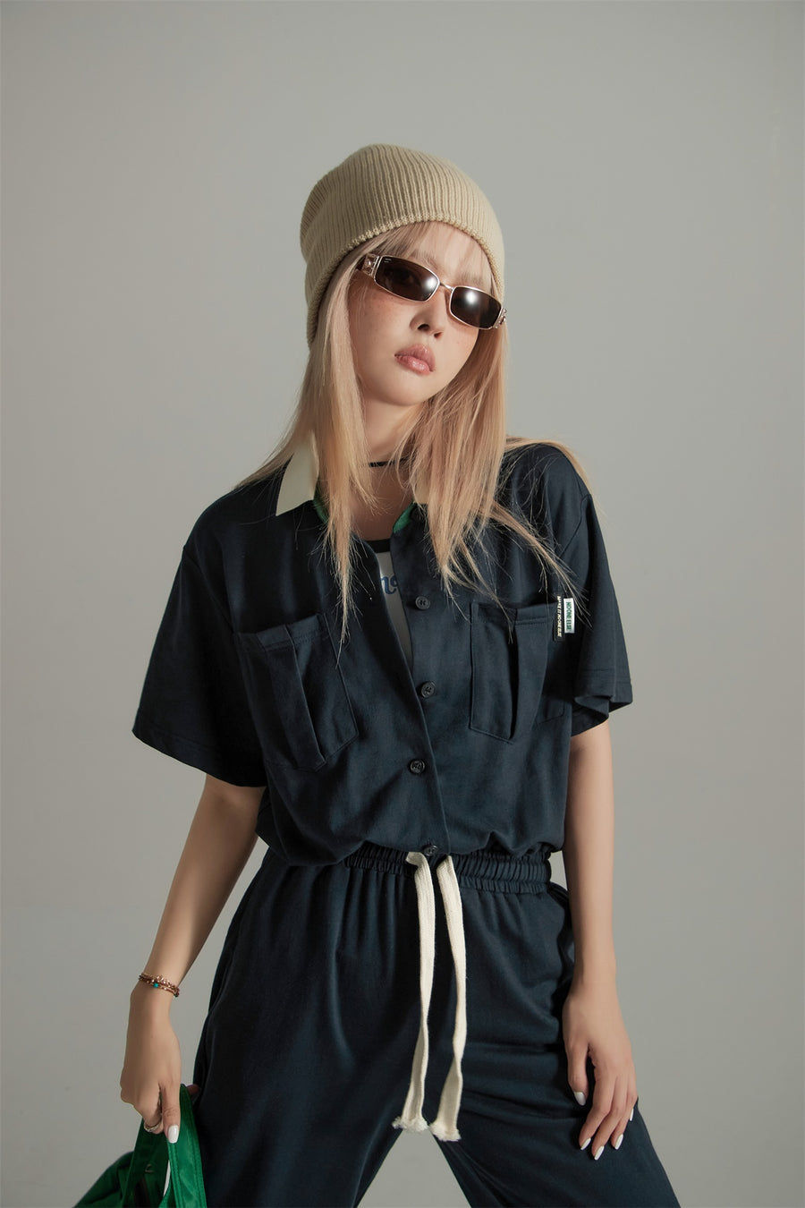 CHUU Blue Collar Short-Sleeved Jogger Jumpsuit