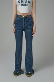 Embroidered Fringed Hem Denim Jeans