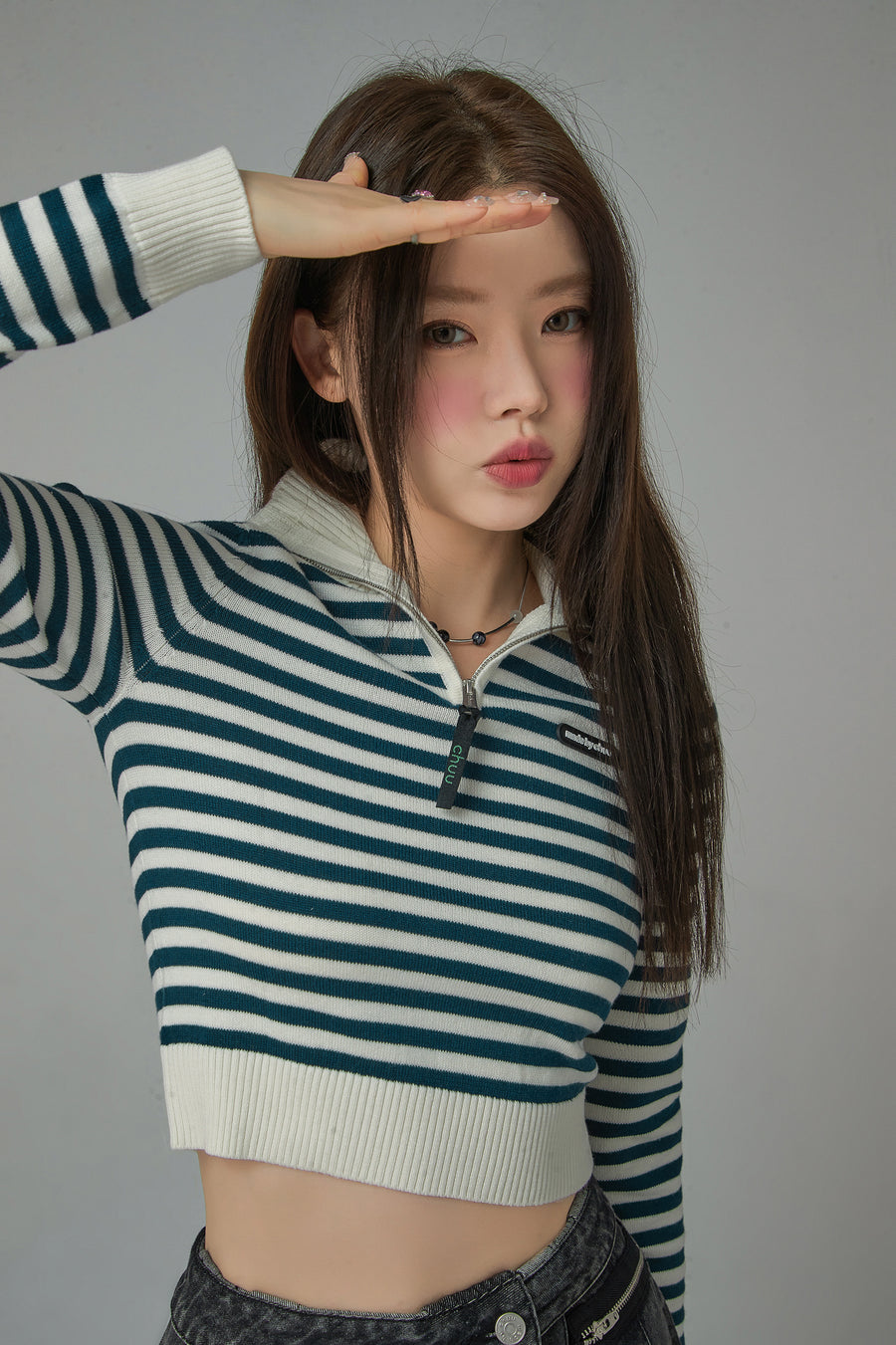 CHUU I Own A Yacht Polo Neck Stripe Cropped Knit Top