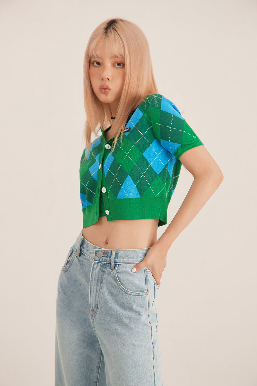 CHUU Argyle Short-Sleeved Crop Cardigan