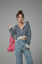 Candy Cane Striped Knit Cropped Outer Hoodie