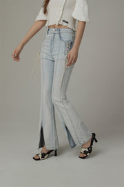 Lace Up Pocket Slit Bootcut Light Wash Denim Jeans